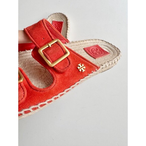 TORY BURCH Orange Suede Double Buckle Espadrille Slide Sandals, Size 7.5 - Picture 7 of 13